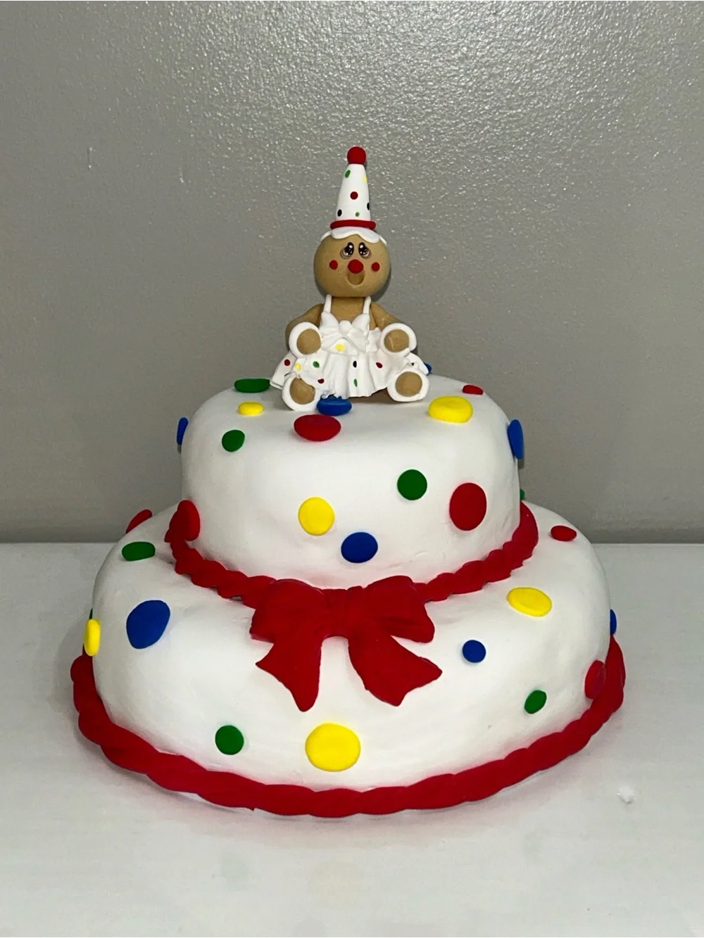 Gingerbread Clown Fake Cake Decoration - White with Red Accents HANDMADE